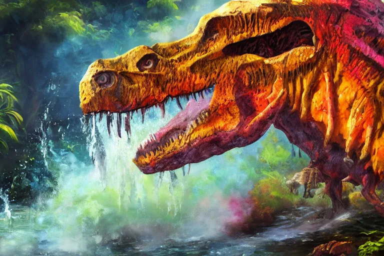 Image similar to highly detailed oil painting of a tyrannosaurus rex in a steaming colorful hotspring stream, featured on artstation