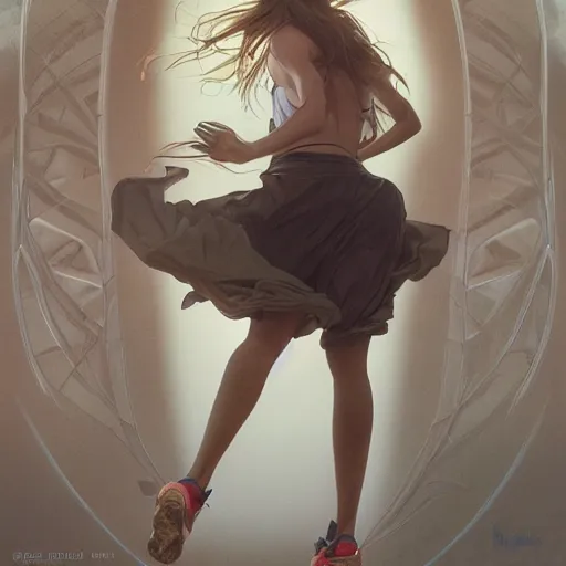 Prompt: a girl is running, sport clothing, sport anime, long hair, hair down, symmetrical facial features, from arknights, hyper realistic, highly detailed, rule of thirds, extreme detail, detailed drawing, trending artstation, realistic lighting, sport magazine, by alphonse mucha, greg rutkowski, sharp focus, backlit, real faces, realistic anatomy