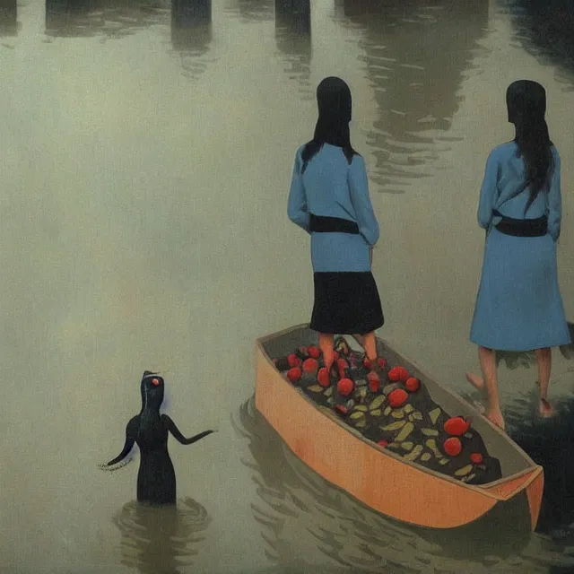 Image similar to tall female emo vegan socialist artist in their flooded apartment, painting of flood waters inside an artist's home, a river flooding indoors, pomegranates, pigs, ikebana, zen, water, octopus, river, rapids, waterfall, black swans, canoe, berries, acrylic on canvas, surrealist, by magritte and monet