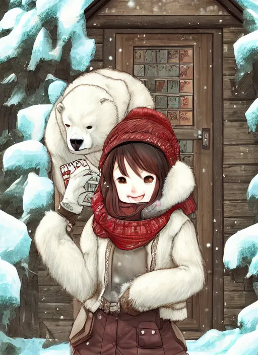 Image similar to character portrait of a female anthro polar bear fursona and a cute beautiful attractive detailed furry face wearing stylish cute winter clothes in a cozy winter cabin. hidari, color page, tankoban, 4K, tone mapping, Akihiko Yoshida.
