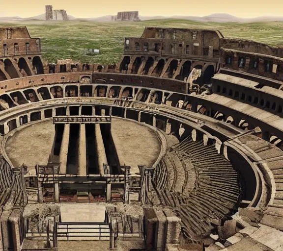 Prompt: Render of a reconstruction of Colosseum in Rome, screenshot from Fallout: New Vegas (2010)