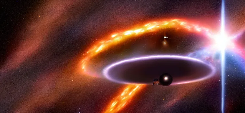 Image similar to startrek enterprise flying past a super nova and black hole, by juan ortiz 8k,