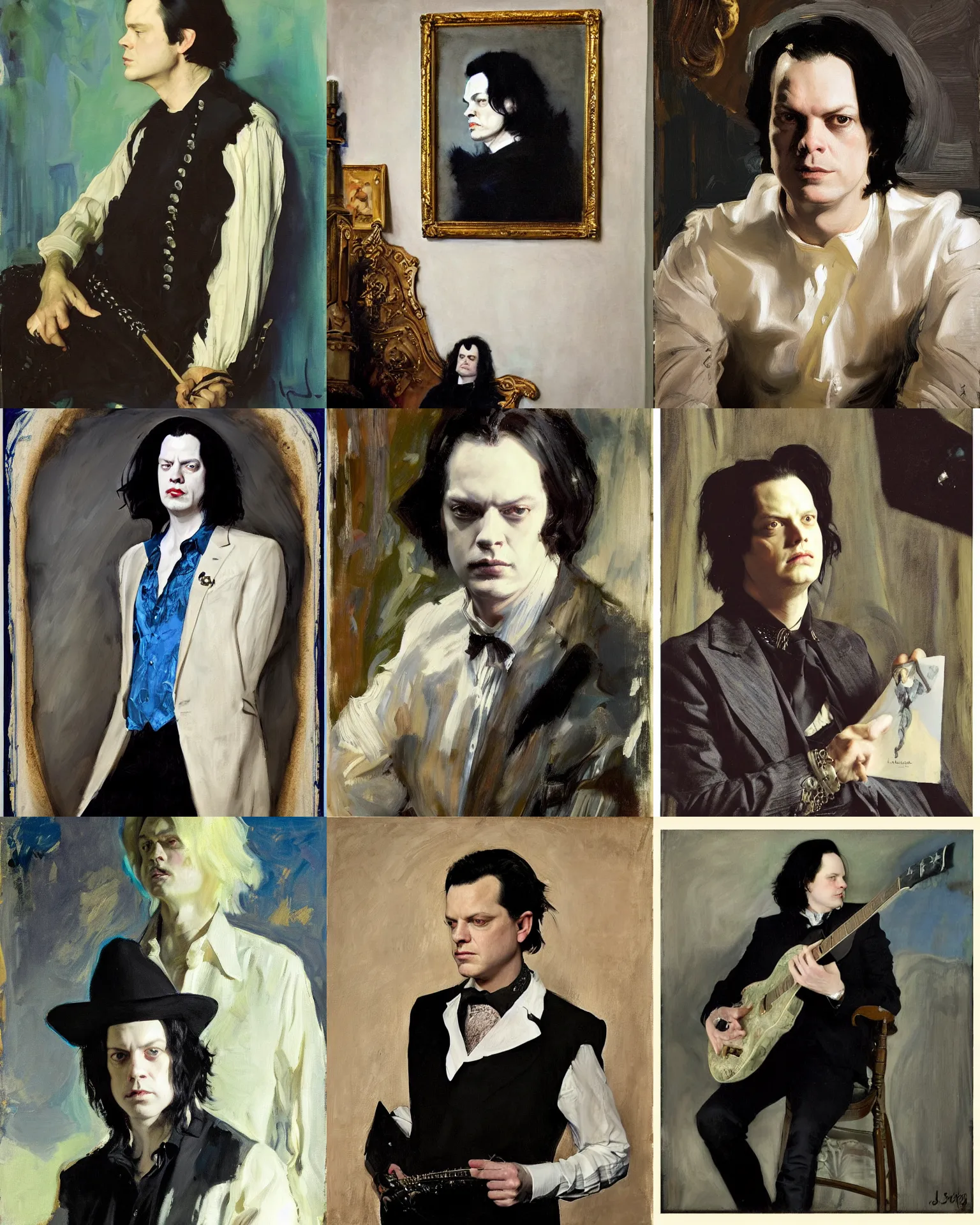 Prompt: jack white, portrait painting by john singer sargent, donato giancola, mead schaeffer, frans hals, fashion photography