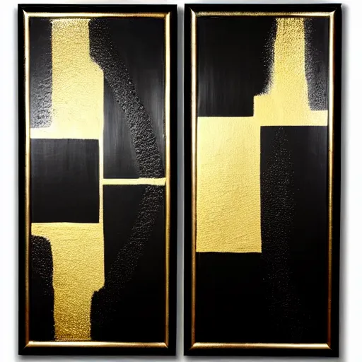 Image similar to a pour painting triptych, gold black silver colors, abstract, thick paint, glossy, resin coated