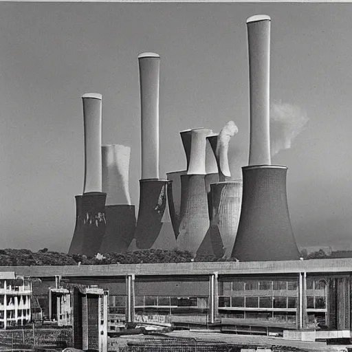 Prompt: utopian nuclear power station in a peaceful city with trams, drones and crowds, in the style of Edwin La Dell, post-war