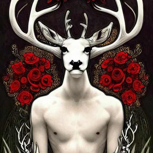 Image similar to black and white deer, with highly detailed with red flowers, long flowing mane and tail, ultra high detail, symmetry, in a hellscape, detail art style of alfons maria mucha, and peter mohrbacher atyles god lighting