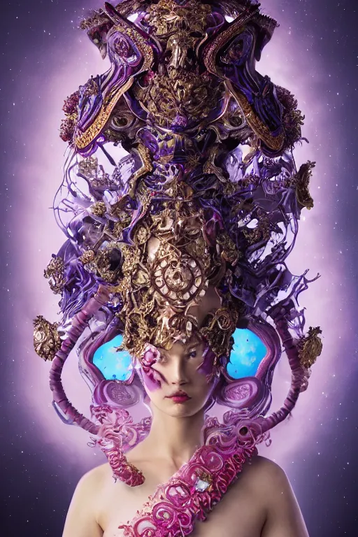 Image similar to a beautiful empress portrait, with a brilliant, impossible striking big cosmic galaxy headpiece, clothes entirely made out of cosmos chaos energy, symmetrical, dramatic studio lighting, rococo, baroque, jewels, asian, hyperrealism, closeup, D&D, fantasy, intricate, elegant, highly detailed, digital painting, artstation, octane render, 8k, concept art, matte, sharp focus, illustration, art by Artgerm and Greg Rutkowski and Alphonse Mucha