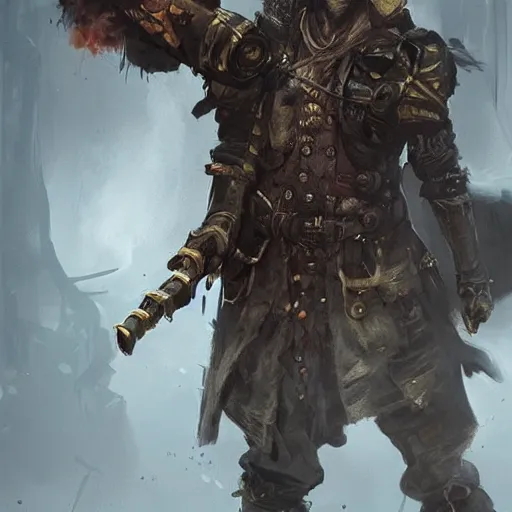 Prompt: steampunk homeless warrior with metal weapons in his body, greg rutkowski