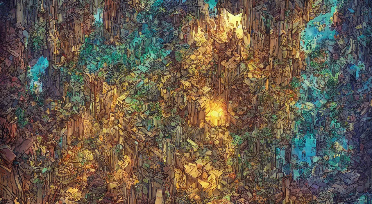 Image similar to open door wood wall fortress greeble block amazon jungle on portal unknow world ambiant fornite colorful deepdream that looks like it is from borderlands and by feng zhu and loish and laurie greasley, victo ngai, andreas rocha, john harris