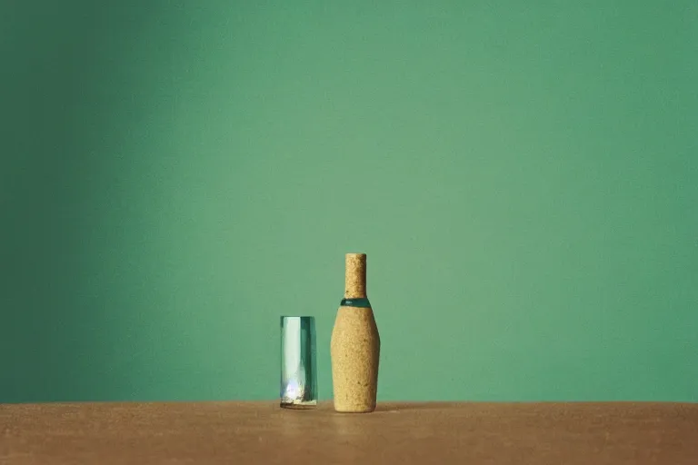 Image similar to small potion with a cork top filled with a green and turquoise gradient liquid, on a desk, old film photo