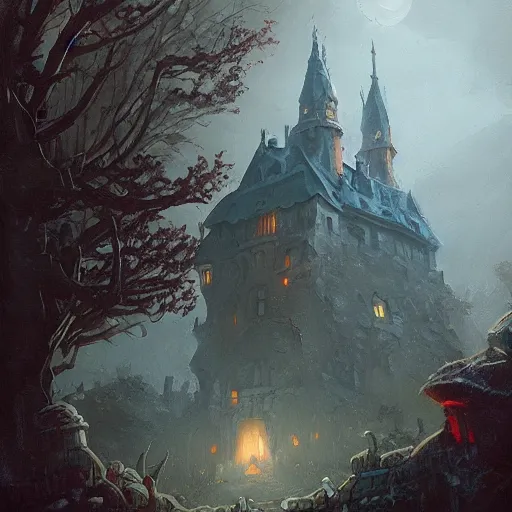 Prompt: highly detail painting of a haunted castle in the style of Greg rutkowski and Peter mohrbacher