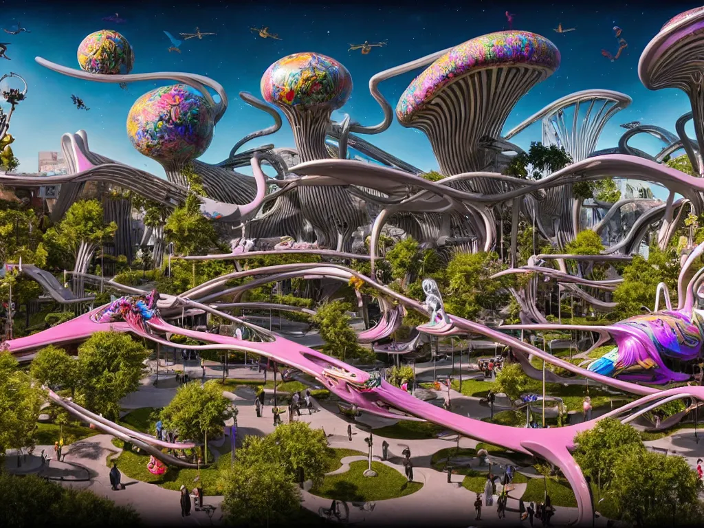 Image similar to a busy elaborate ornate outdoor science museum, cinematic, shadows, 4 k, detailed, by zaha hadid and lisa frank and peter jackson and ridley scott and beeple and greg rutowski