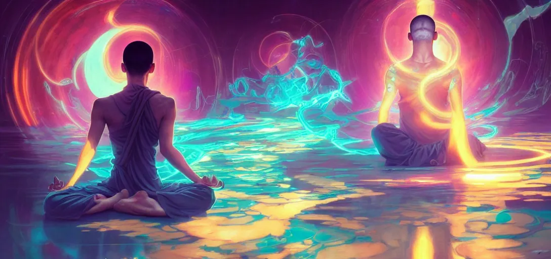 Image similar to a floating monk meditating, channeling swirling energy, wearing netrunner clothing, vaporwave aesthetic, colorful, psychedelic, digital painting, artstation, concept art, smooth, sharp focus, illustration, art by artgerm and greg rutkowski and alphonse mucha