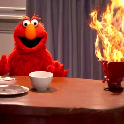 Image similar to Elmo sitting a table the room around him on fire, Elmo is calm thinking this is fine