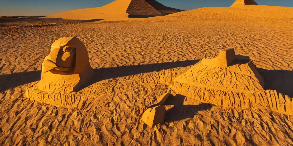 Prompt: A giant sand sculpture of an eagle head standing in the middle of a desert, next to a pyramid. Hyperrealistic photograph, golden hour