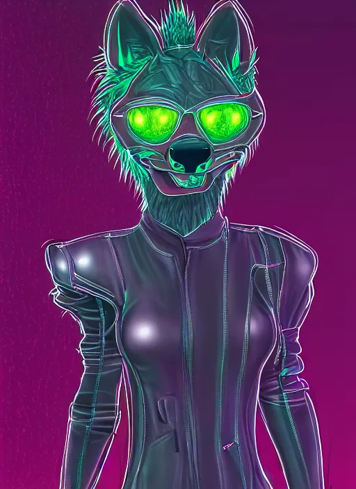 Image similar to cell shaded digital drawing of anthromorphic hyena female, fursona, furry fandom, neon rainy cyberpunk setting, anthro, wearing cyberpunk leather jacket, detailed face,