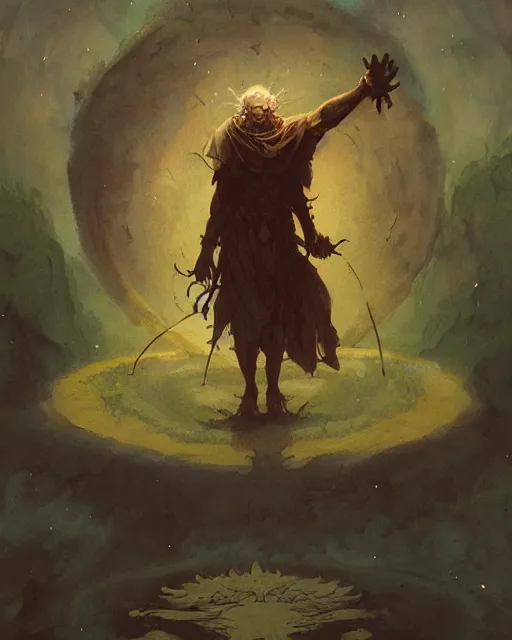 Prompt: a druid standing in a circle at the beginning of the world by greg rutkowski and frank frazetta and peter mohrbacher and william blake