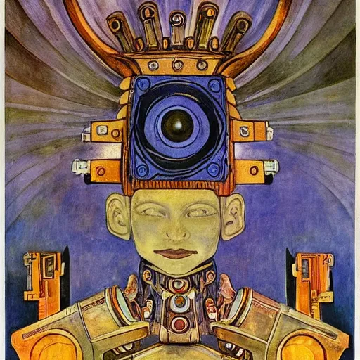 Image similar to the robot crown, by Annie Swynnerton and Diego Rivera, symbolist, dramatic lighting, elaborate geometric ornament, Art Brut ,god rays, soft cool colors,smooth, sharp focus, extremely detailed, Adolf Wölfli