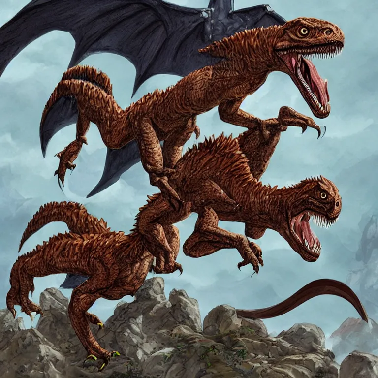 Image similar to a fantasy velociraptor jumping on a d & d barbarian, rpg book illustration