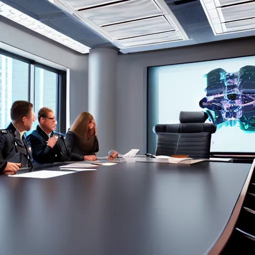 Image similar to a meeting between several futuristic military leaders in a futuristic board room