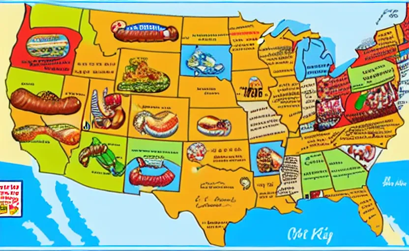 Image similar to hot dogs across america map, detailed, map key, tourist map, brochure