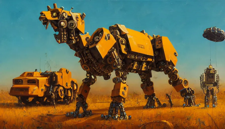 Image similar to an intricate oil painting of a giant south african armored cheetah shaped scrap metal mecha by simon stalenhag, yellow, orange and cyan paint decals