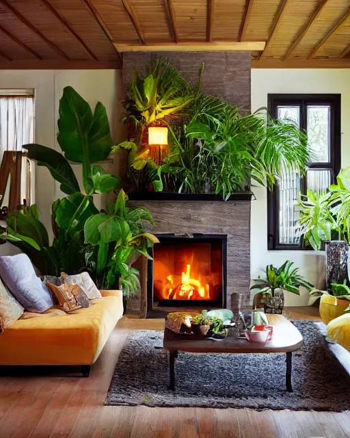 Image similar to cosy living room with fireplace and tropical plants