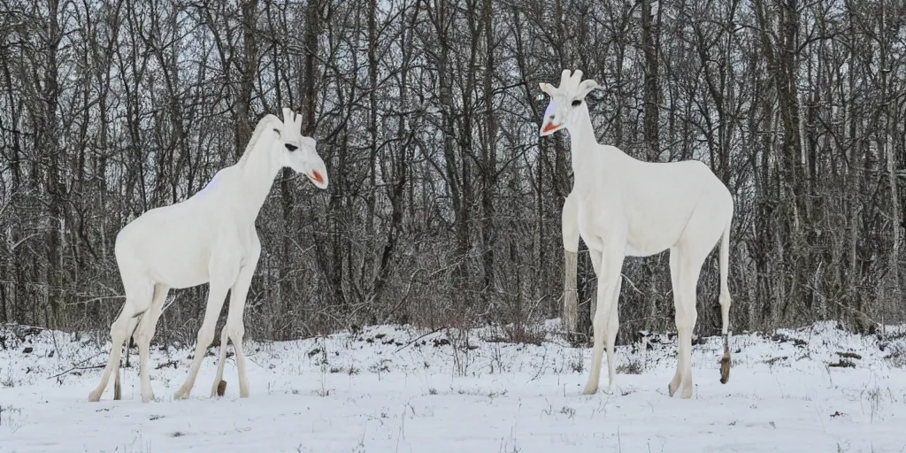 Image similar to a long maned spotless albino white giraffe elk walks alone thru an enchanted forest, majestic!!! beautiful!!!, ethereal!!!, loving, ultra realistic, winter, golden hour, volumetric lighting, sharp focus