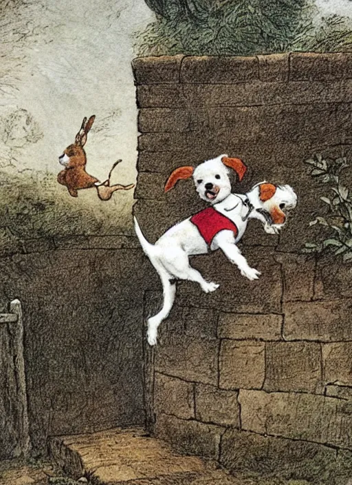 Prompt: jack russel terrier jumping from the ground over a short wall, illustrated by peggy fortnum and beatrix potter and sir john tenniel