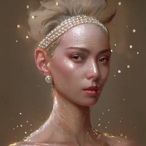 Prompt: a pearl woman with glittering skin, a detailed painting by greg rutkowski and raymond swanland, featured on cgsociety, fantasy art, detailed painting, artstation hd, photorealistic