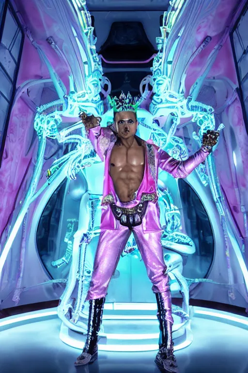 Image similar to full-body rococo and cyberpunk style neon statue of a muscular attractive Jay Sean sim camisa macho dotado e rico android sim roupa reclining con las piernas abertas e la piroca dura, glowing white laser eyes, prince crown of pink gears, diamonds, swirling silver-colored silk fabric. futuristic elements. full-length view. space robots. human skulls. intricate artwork by caravaggio. Trending on artstation, octane render, cinematic lighting from the right, hyper realism, octane render, 8k, depth of field, 3D