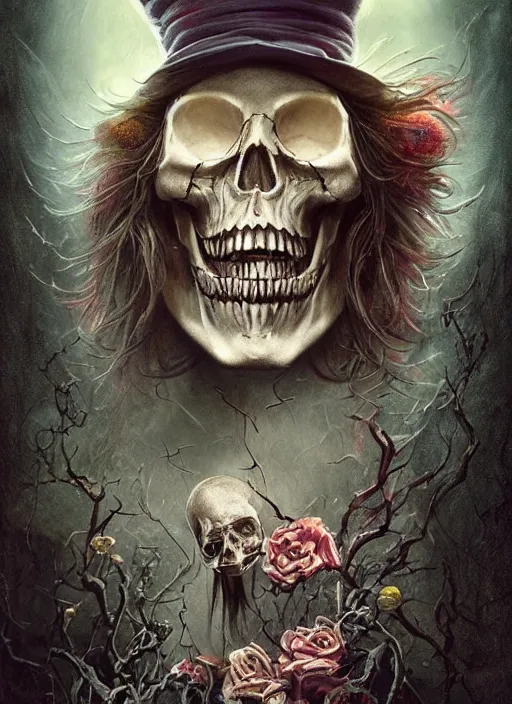 Image similar to Mad Hatter,Death Tarot card,highly detailed,half skull face,cinematic,8k,by Stanley Artgermm,Tom Bagshaw,Greg Rutkowski,Carne Griffiths, Ayami Kojima, Beksinski, Giger,Anne Stokes, Benjamin Lacombe,trending on DeviantArt,hyper detailed,horror, full of colour