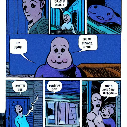 Image similar to blue baby baby seal on top of a roof, dark lighting, wide shot, comix by dave gibbons and john higgins