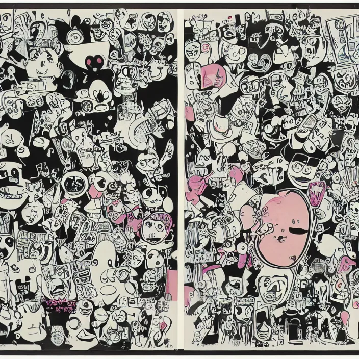 Prompt: risograph of two retro cartoon character faces by gary baseman and gavin mccarthy