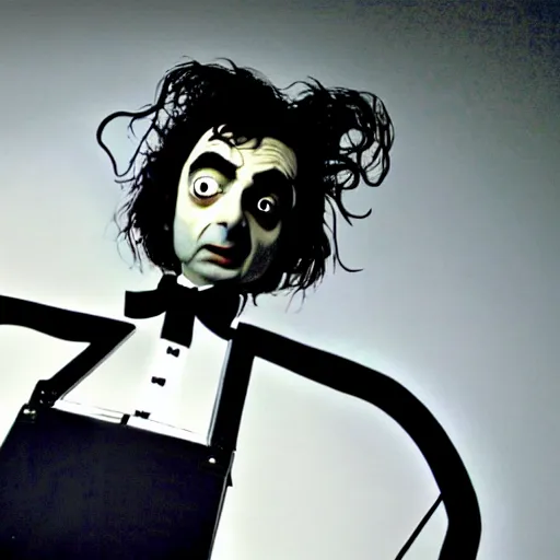 Image similar to mr. bean as edward scissorhands. movie still. cinematic lighting.