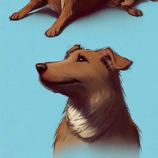 Image similar to A playful and fun-loving dog who loves nothing more than a good game of fetch or a belly rub. Despite their cheerful nature, they can't help but feel a little sad sometimes when they think about how their previous family abandoned them+happy+warm+artstation+smooth+detailed+rossdraws and greg rutkowski