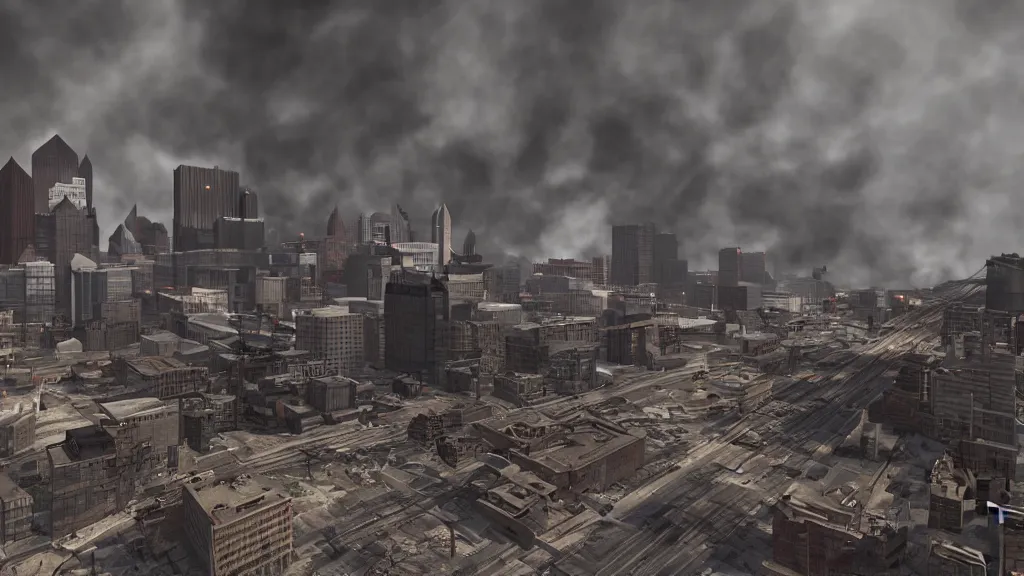 Prompt: post apocalypse Pittsburgh, smoke, fire, cinematic, rendered in octane, rendered in Arnold, rendered in vray