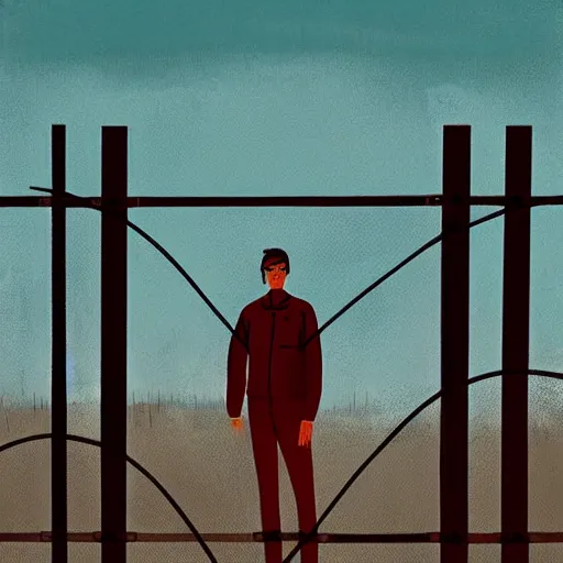 Image similar to a painting of a man standing in front of a wire fence by emiliano ponzi, james gilleard, dystopian art