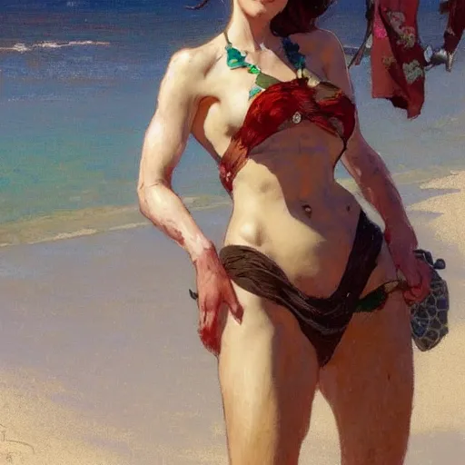 Image similar to female character at the beach. Renowned character illustration by greg rutkowski, thomas kindkade, alphonse mucha, loish, norman rockwell. Trending on artstation.