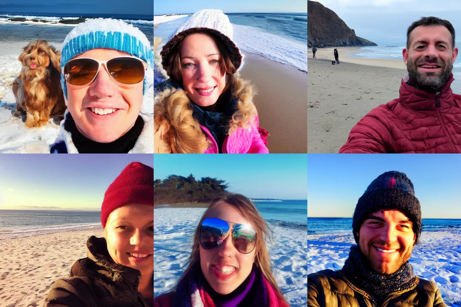 Prompt: Selfie taken on a beach during the winter