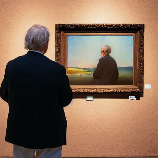 Image similar to Over the shoulder portrait of a middle-aged man staring at a painting in an art gallery. The painting he is looking at contains a person looking right back at him. Wide angle. Photorealistic. Dramatic lighting. Award winning photography. 35mm photograph.