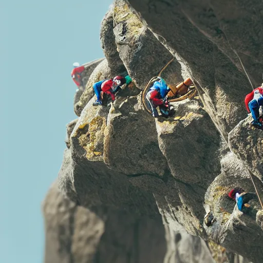 Image similar to tilt-shift photography of a group of climbers scaling a croissant, 8k, highly realistic, render