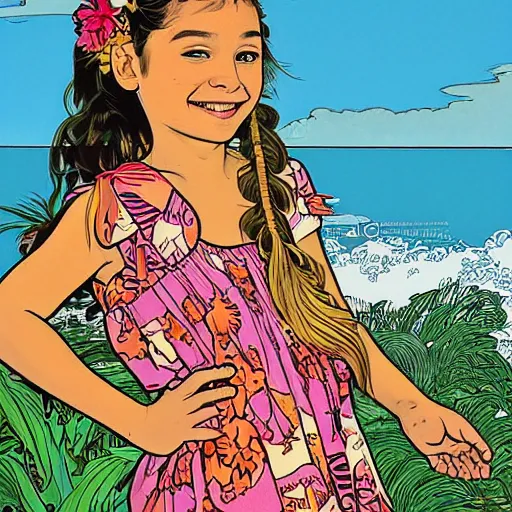 Prompt: a five - year - old girl with honey brown eyes and hair in a braid, wearing a hawaiian dress, dancing on a tropical beach, portrait, wide shot, midday light, bright colors, illustration, pop art, splash painting, graphic novel, art by geof darrow, ashley wood, alphonse mucha