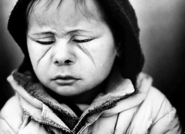 Prompt: high _ resolution _ black _ and _ white _ portrait _ with _ a _ 3 5 _ mm _ f _ 5. 0 _ lens _ of _ a _ child _ in _ soviet _ russia _ with _ closed _ eyes _ and _ a _ sad _ face _ about _ to _ cry.