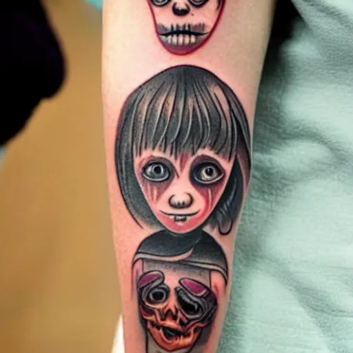 Image similar to tattoo of a creepy child, dark, scary, horror, high detail