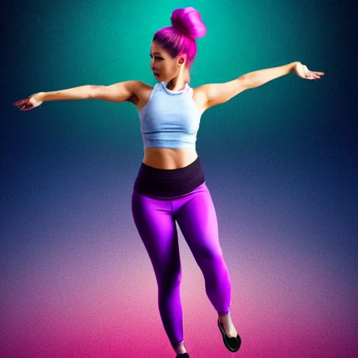 Image similar to a award winning full body shot of a beautiful woman in a croptop and leggings with a ombre purple pink teal hairstyle with head in motion and hair flying, outrun, vaporware, highly detailed, fine detail, intricate