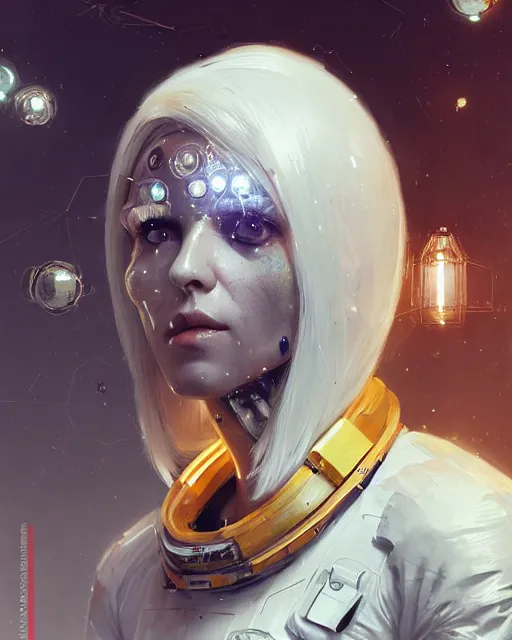Image similar to detailed portrait white haired girl, solarpunk futuristic utopia, scifi astronaut suit, android parts, decorated with golden ornaments by Ismail inceoglu dragan bibin hans thoma greg rutkowski Alexandros Pyromallis Nekro Rene Maritte Illustrated, Perfect face, fine details, realistic shaded, fine-face, pretty face
