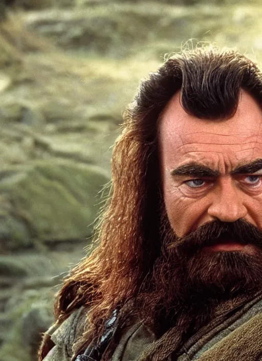 Prompt: film still of tom selleck as gimli in lord of the rings, 4 k