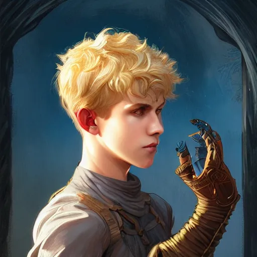 Image similar to an epic fantasy comic book style portrait painting of a young blonde boy thief, d & d, fantasy, intricate, elegant, highly detailed, digital painting, artstation, concept art, matte, sharp focus, illustration, art by artgerm and greg rutkowski and alphonse mucha