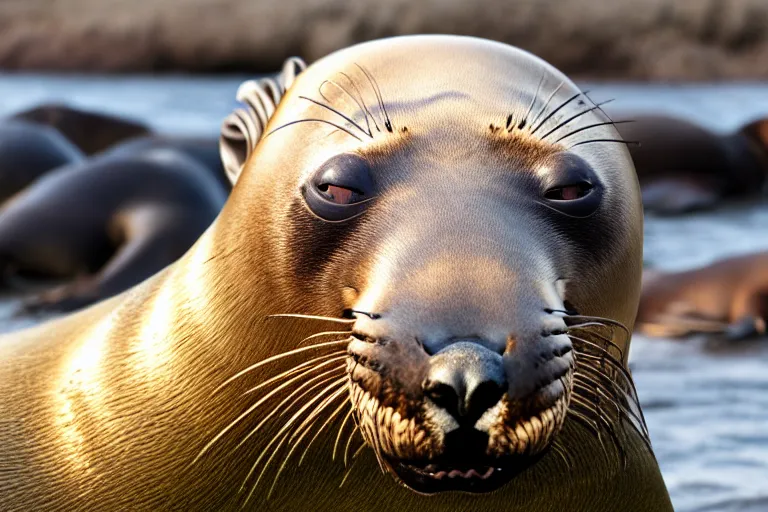 Image similar to professional photo of a sea lion body and canine wolf muzzle head half wolf half sea lion strange chimera discovered on the beach